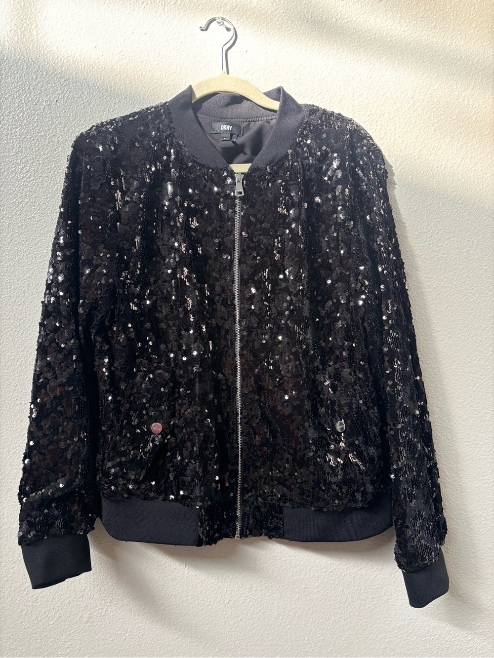 DKNY Black Sequin Bomber Jacket with Ribbed Trim